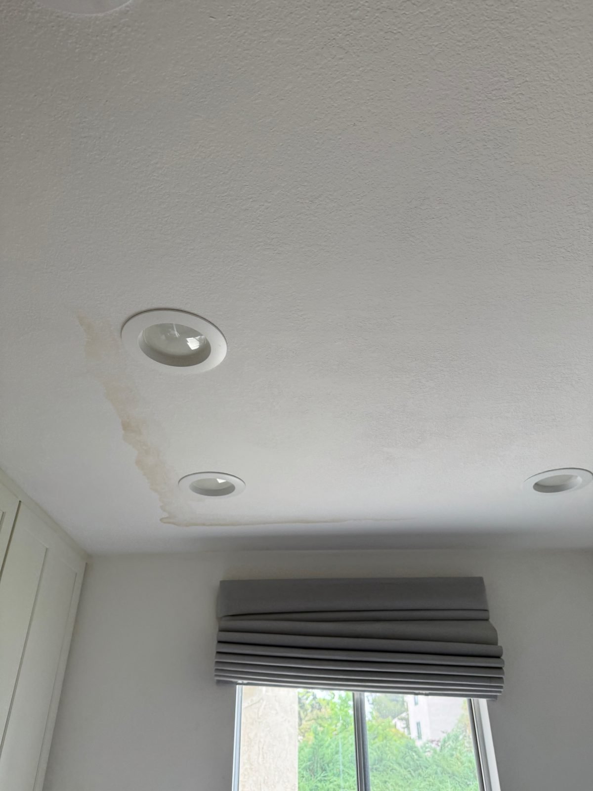 Ceiling water stain streaking around recessed lights after rain - Culver City, CA