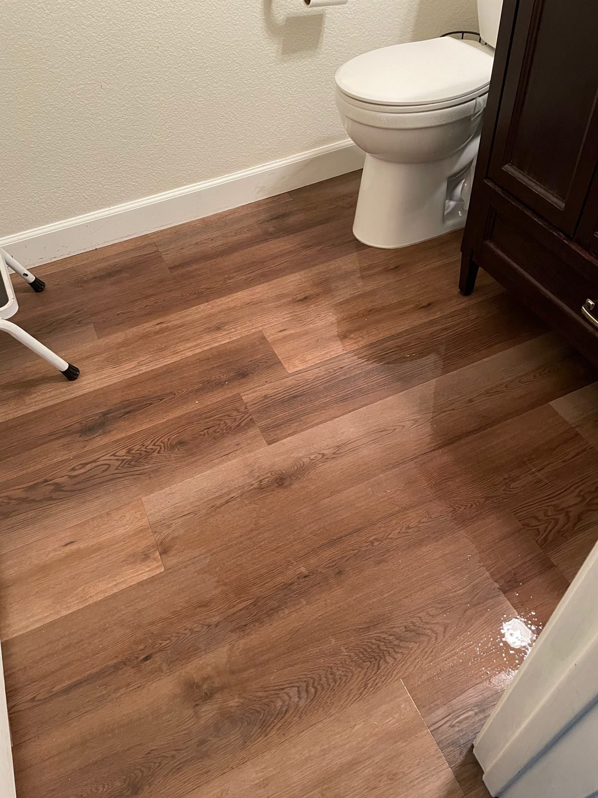 Instant Restoration job photo in Agoura Hills, CA: Bathroom vinyl plank floor with standing water sheen and puddle